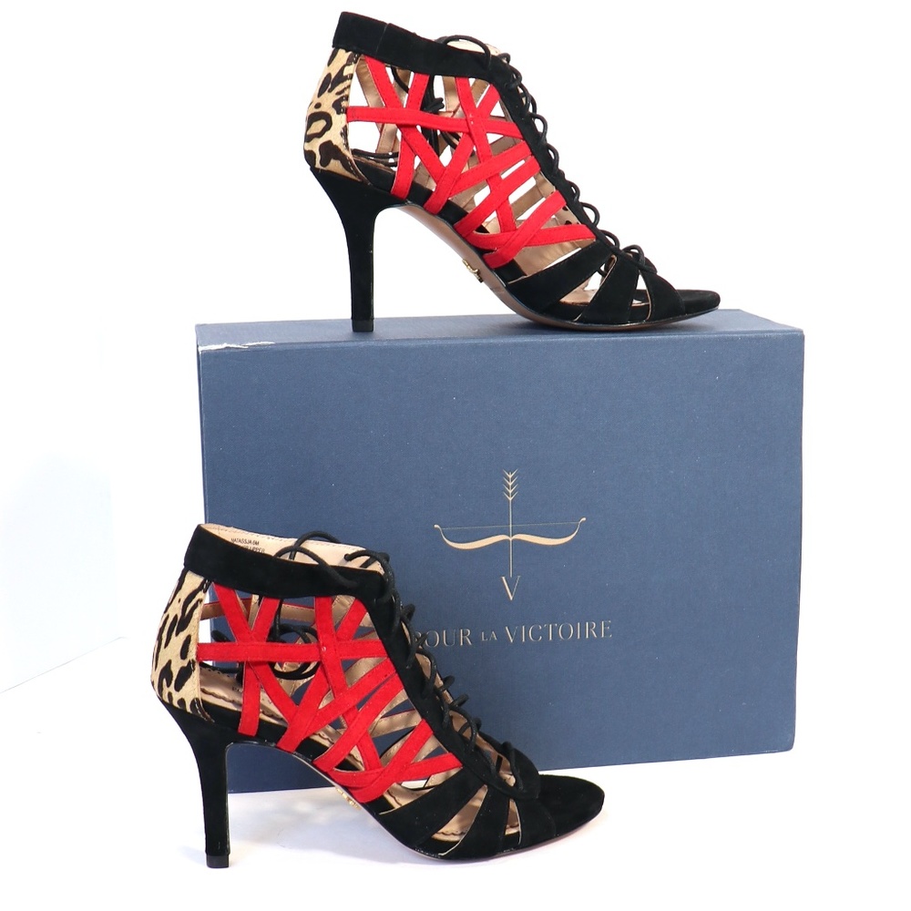 NIB caged suede heels w/red & black cutout sides